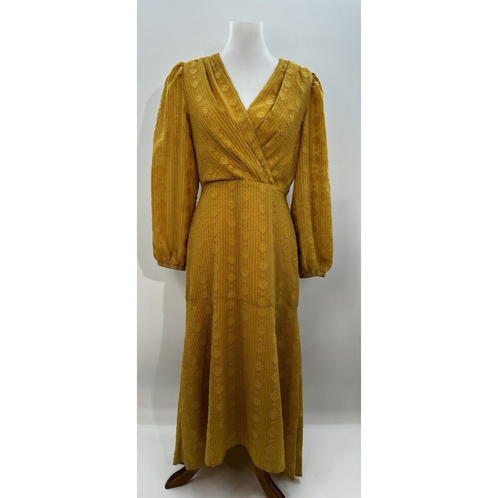 Maggy London Mustard Yellow Midi Dress Long Sleeve V-Neck Textured Sz 8 - Picture 5 of 11